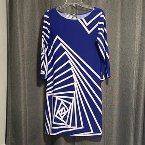 Haani Royal Blue and White Geometric Long Sleeve Shift Dress